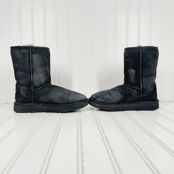 UGG Black Suede Leather Sheepskin Pull On Mid Calf Classic Boots E943 - Picture 7 of 12